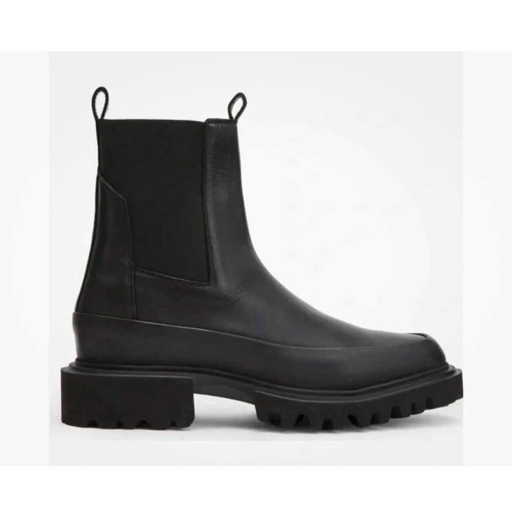 All Saints Harlee Chelsea Black Leather Lug Sole Chunky Pull On Moto Boots 8/8.5